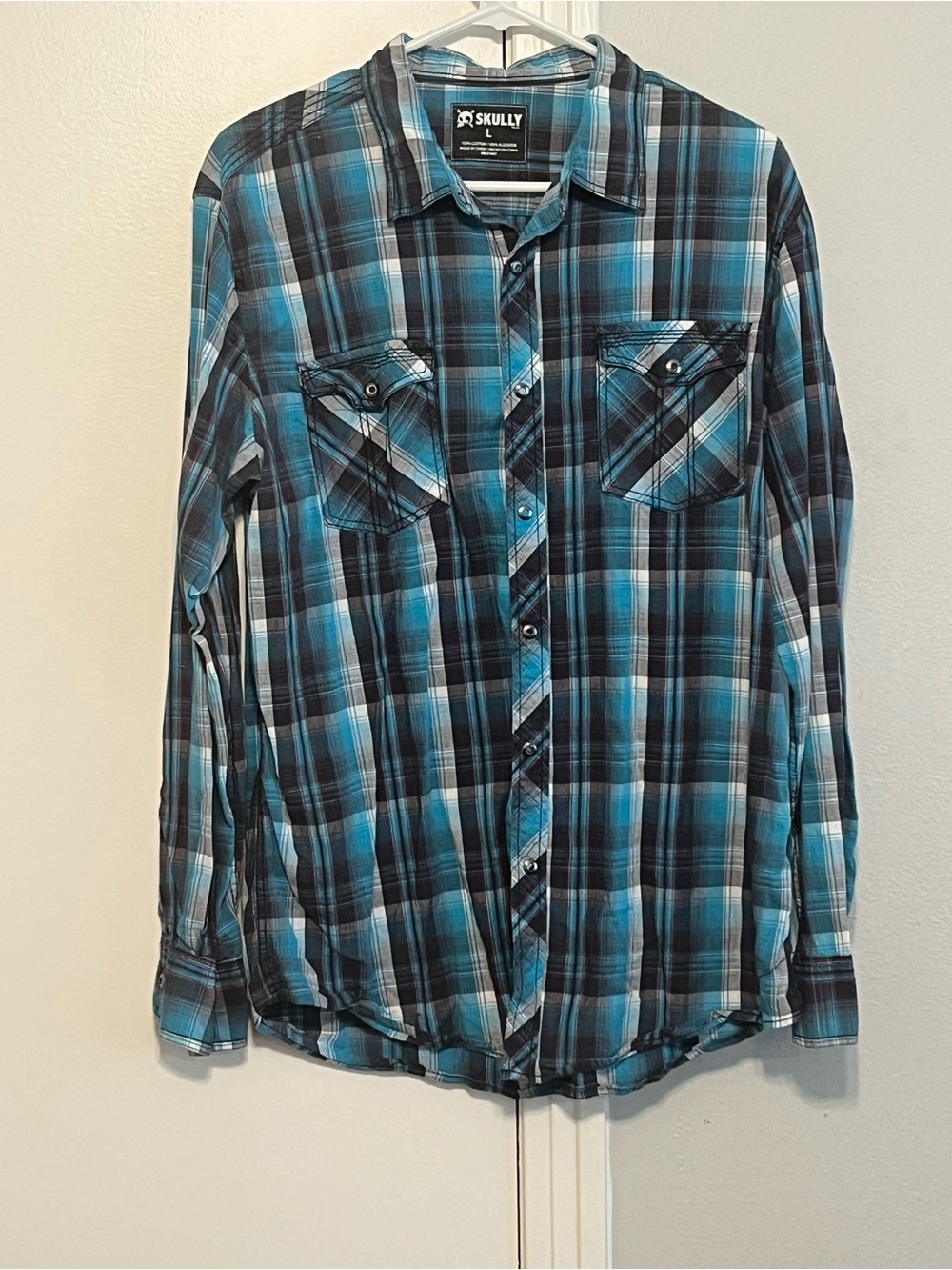 Skully Shirt Mens Large Blue Plaid Western Cowboy Pearl Snap Long Sleeve